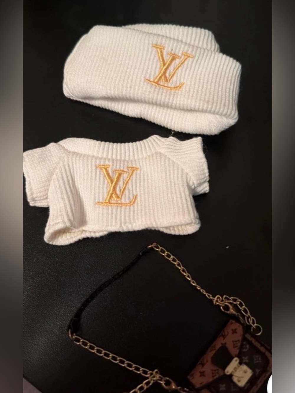 White Knit Beanie and Crop Top Set with Gold Embroidery LV w/mini bag❤️